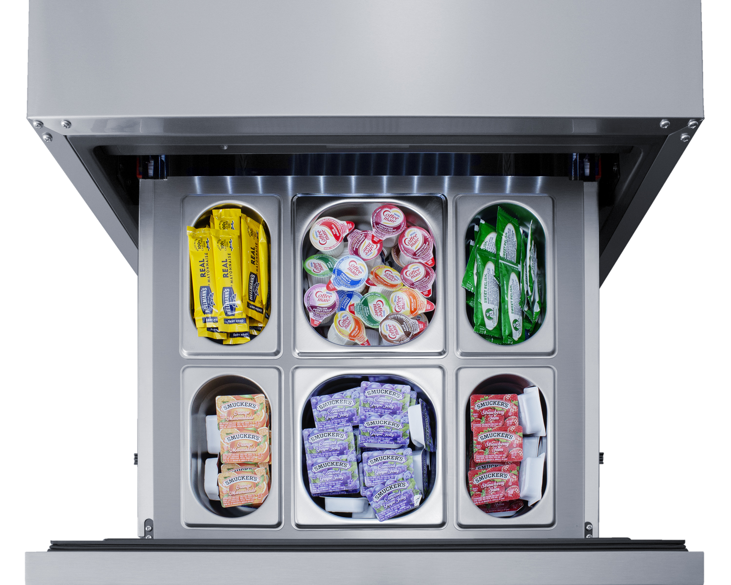 Stainless steel kit with frame and 6 steam table pans for use in Summit ADRD24 drawer refrigerator